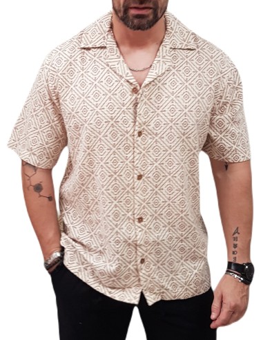 Jack&Jones - 12273289 - Jpr Blu Vincent Print Resort S/S Shirt SN - Oatmeal  - Relaxed Fit - Πουκάμισο