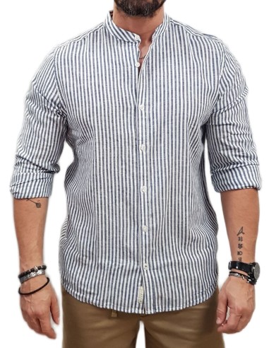 Rebase - 251RGS-5063- Long Sleeve Mao Linen Shirt - CC81 Blue White - Πουκάμισο