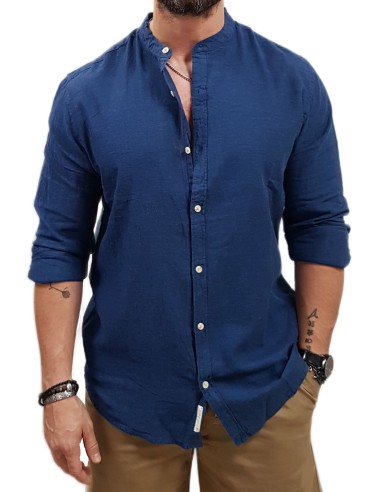 Rebase - 251RGS-5057- Long Sleeve Mao Linen Shirt - Indigo - Πουκάμισο