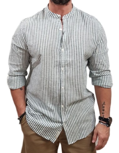 Rebase - 251RGS-5063 - Long Sleeve Mao Linen Shirt - CC83 Olive White - Πουκάμισο