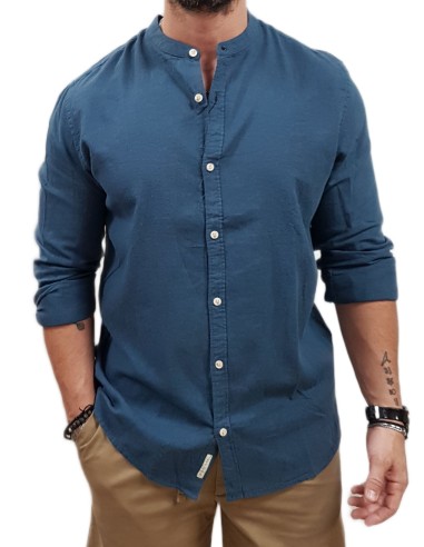 Rebase - 251RGS-5057- Long Sleeve Mao Linen Shirt - Colonial Blue - Πουκάμισο