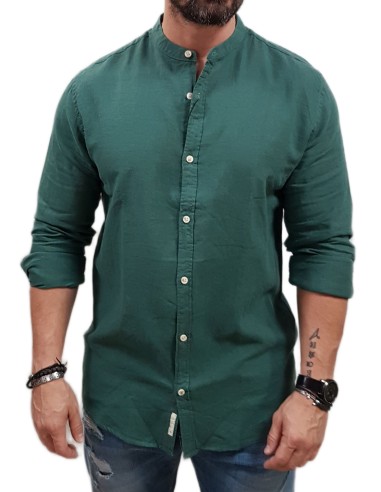 Rebase - 251RGS-5057- Long Sleeve Mao Linen Shirt - Forest Green - Πουκάμισο