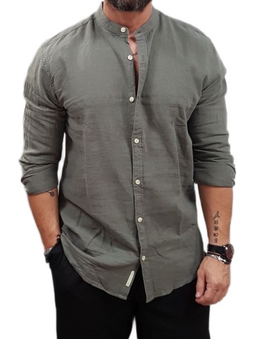 Rebase - 251RGS-5057- Long Sleeve Mao Linen Shirt - Olive - Πουκάμισο