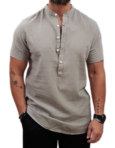 Rebase - 251RGS-5060 - Mao Half Button - LINEN Stone - Κοντομάνικη Πουκαμίσα