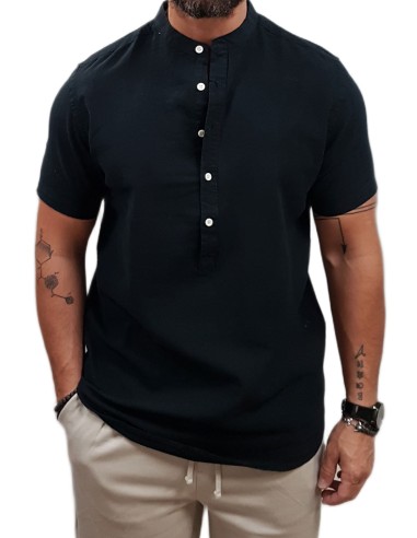 Rebase - 251RGS-5060 - Mao Half Button - LINEN Black - Κοντομάνικη Πουκαμίσα