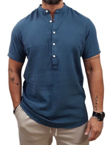 Rebase - 251RGS-5060 - Mao Half Button - LINEN Colonial Blue - Κοντομάνικη Πουκαμίσα